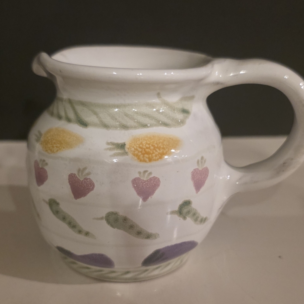 Small Handmade Stoneware Pottery 6 Oz Pitcher/Creamer Hearts & Veggies Signed